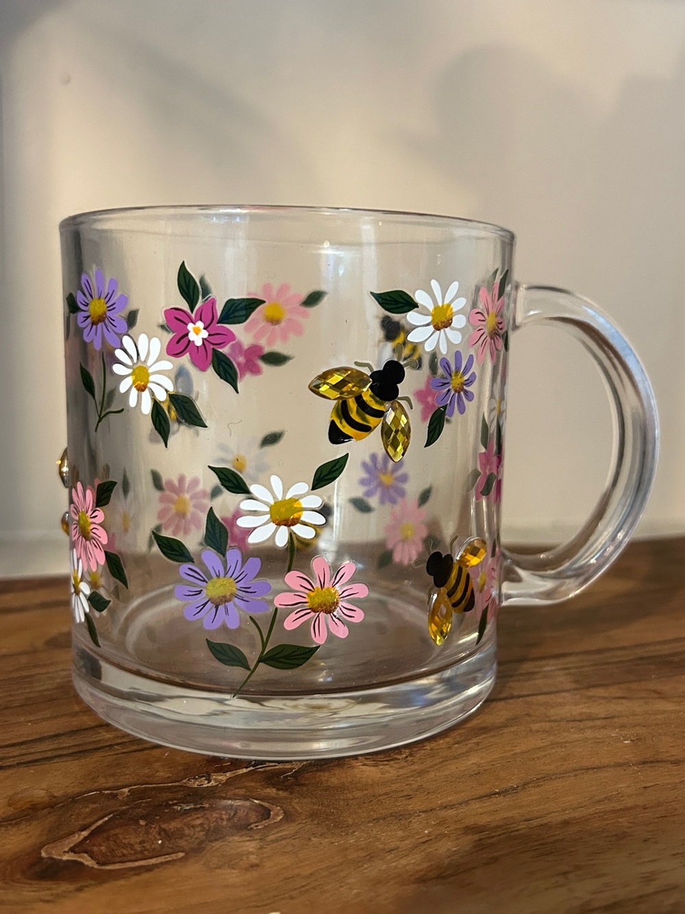 Floral & Bee Clear Glass Mug - Pink, Purple, White Flowers